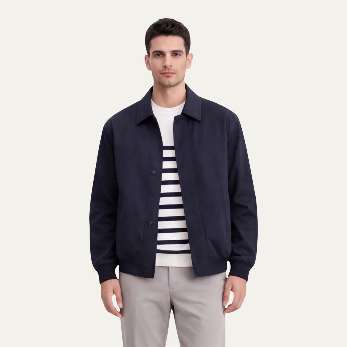 Men's navy lightweight button jacket with point collar and ribbed cuffs