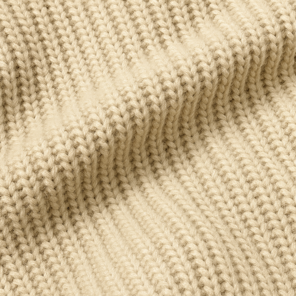 Cream cashmere crewneck sweater knit texture close-up, ribbed stitch pattern