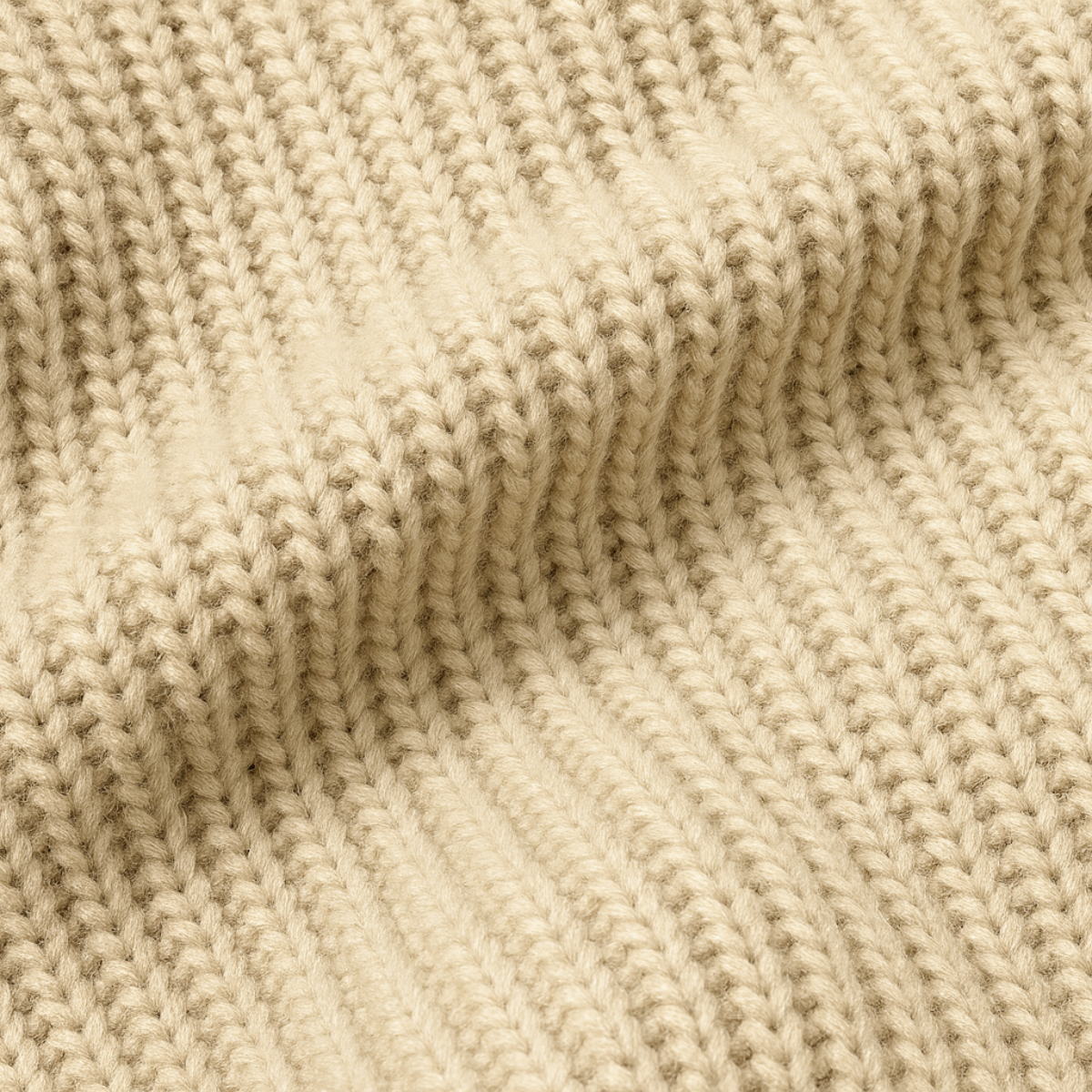 Cream cashmere crewneck sweater knit texture close-up, ribbed stitch pattern