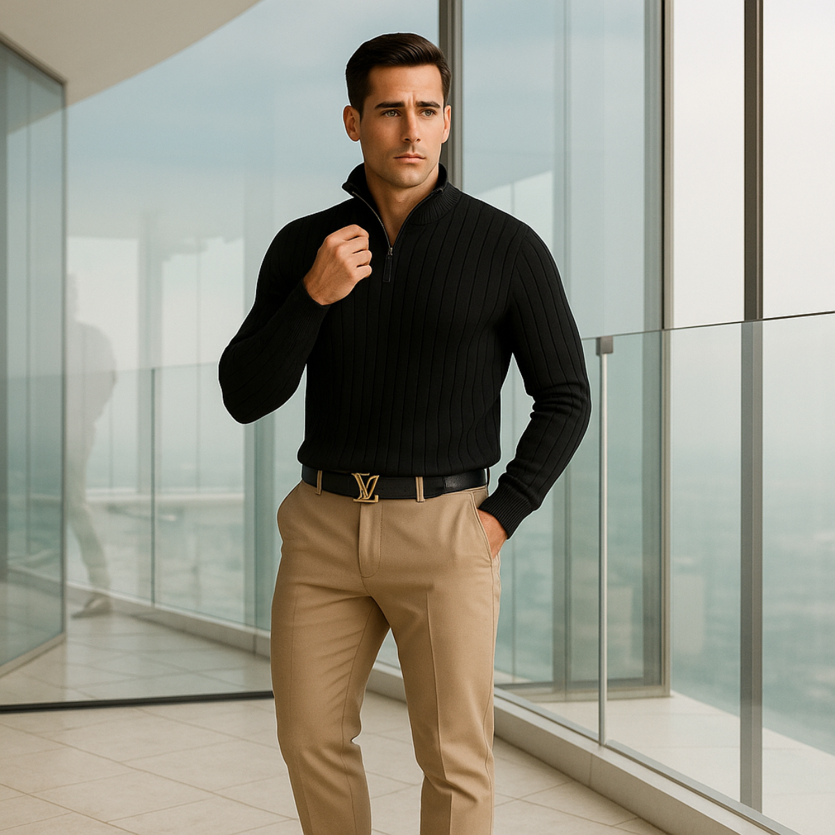 Men's ribbed half-zip sweater in black, long sleeves with stand collar zipper.