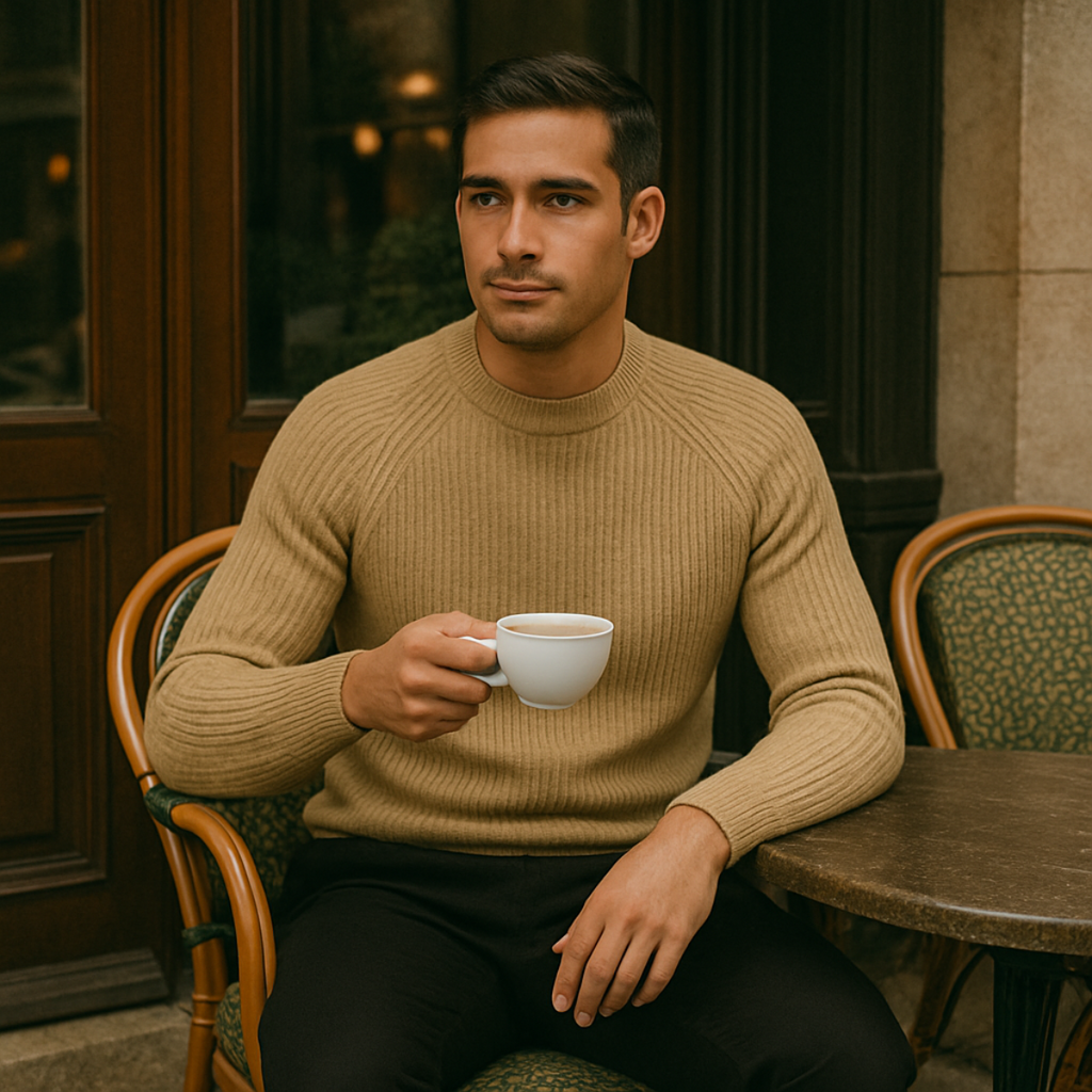 Men's 100% cashmere crewneck sweater in tan brown, ribbed knit texture