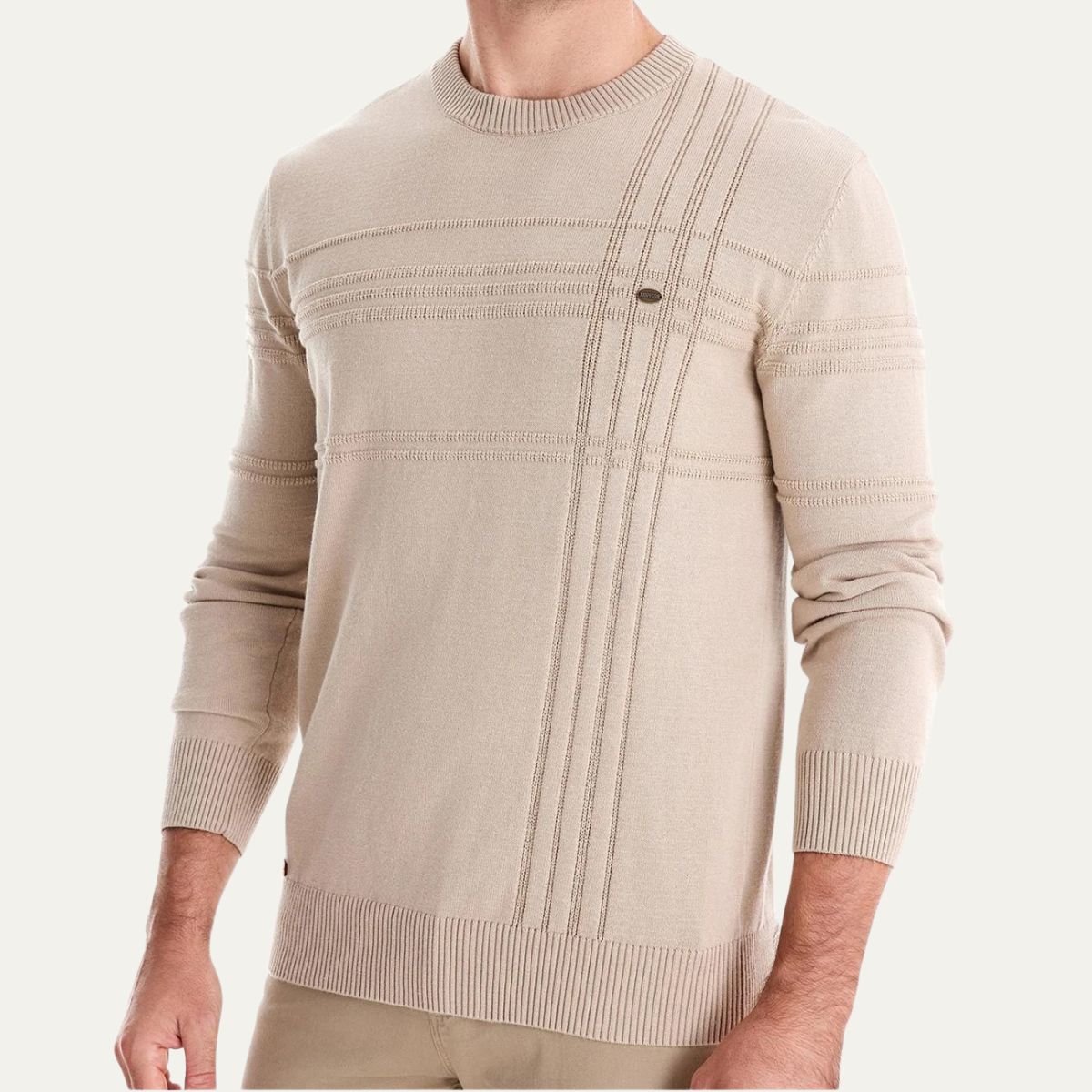 Men's beige crew-neck knit sweater, front view with ribbed hem and button placket