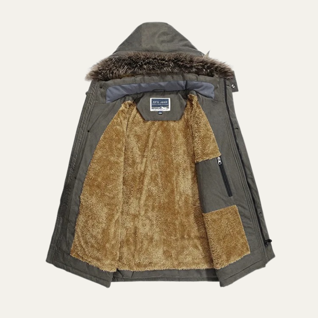 Men's charcoal puffer jacket with fur-trim hood, tan shearling lining visible