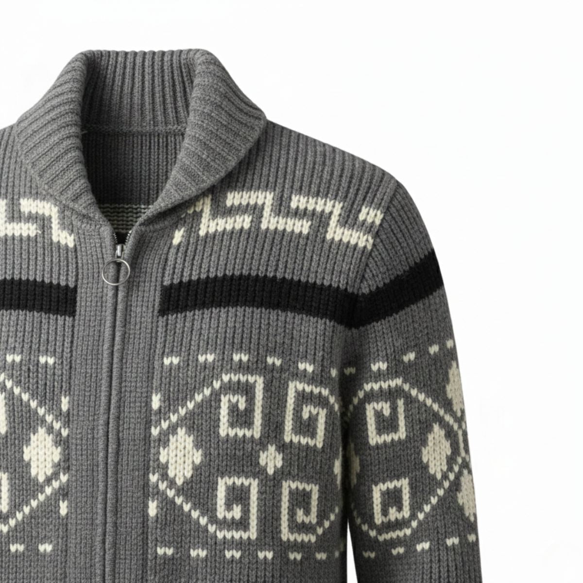 Gray sweater close-up: shawl collar with geometric pattern knit