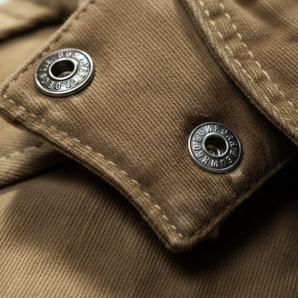 Men's insulated hooded parka jacket in khaki, snap-button pocket flap close-up.
