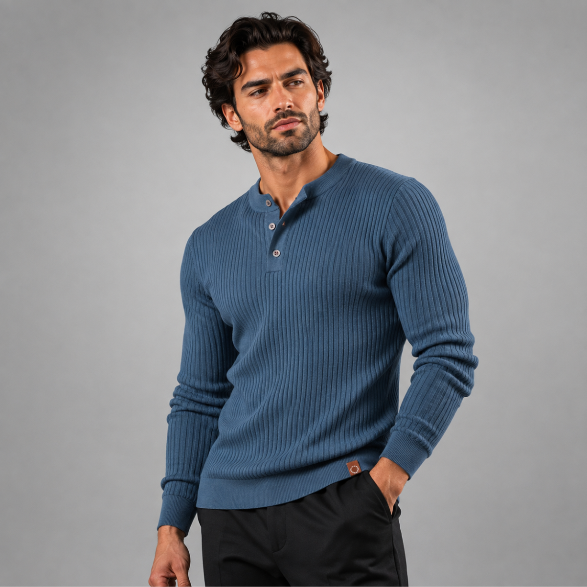 Men's blue ribbed henley knit sweater, long sleeves with buttoned neckline