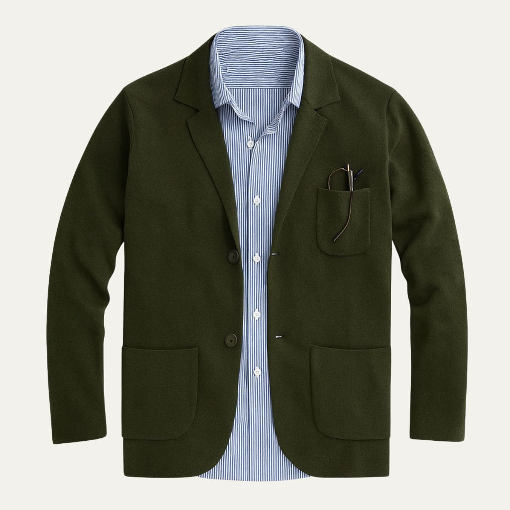 Military green blazer with notch lapels, two front pockets, and chest pocket; striped dress shirt