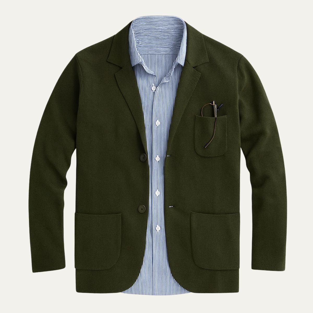 Military green blazer with notch lapels, two front pockets, and chest pocket; striped dress shirt