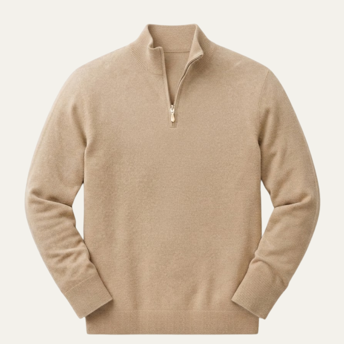 Men's tan quarter-zip knit sweater with ribbed collar and cuffs