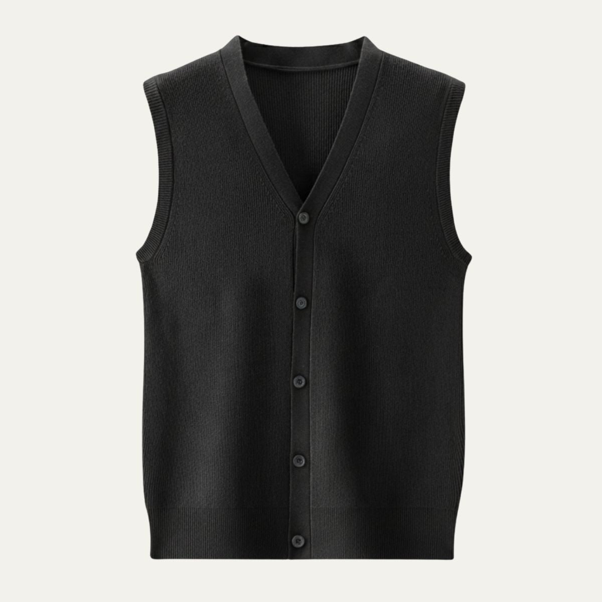 Men’s knit waistcoat sweater vest, dark black V-neck with button front.