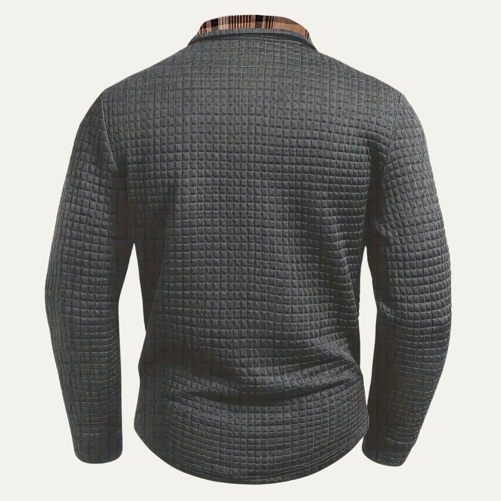 Gray waffle-knit polo sweater, back view with plaid neck trim and ribbed hem stripes