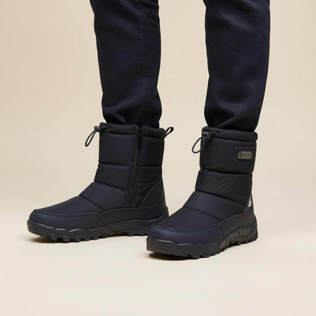Men's insulated snow boots in black, lace-up tops and side zipper, rugged tread outsole