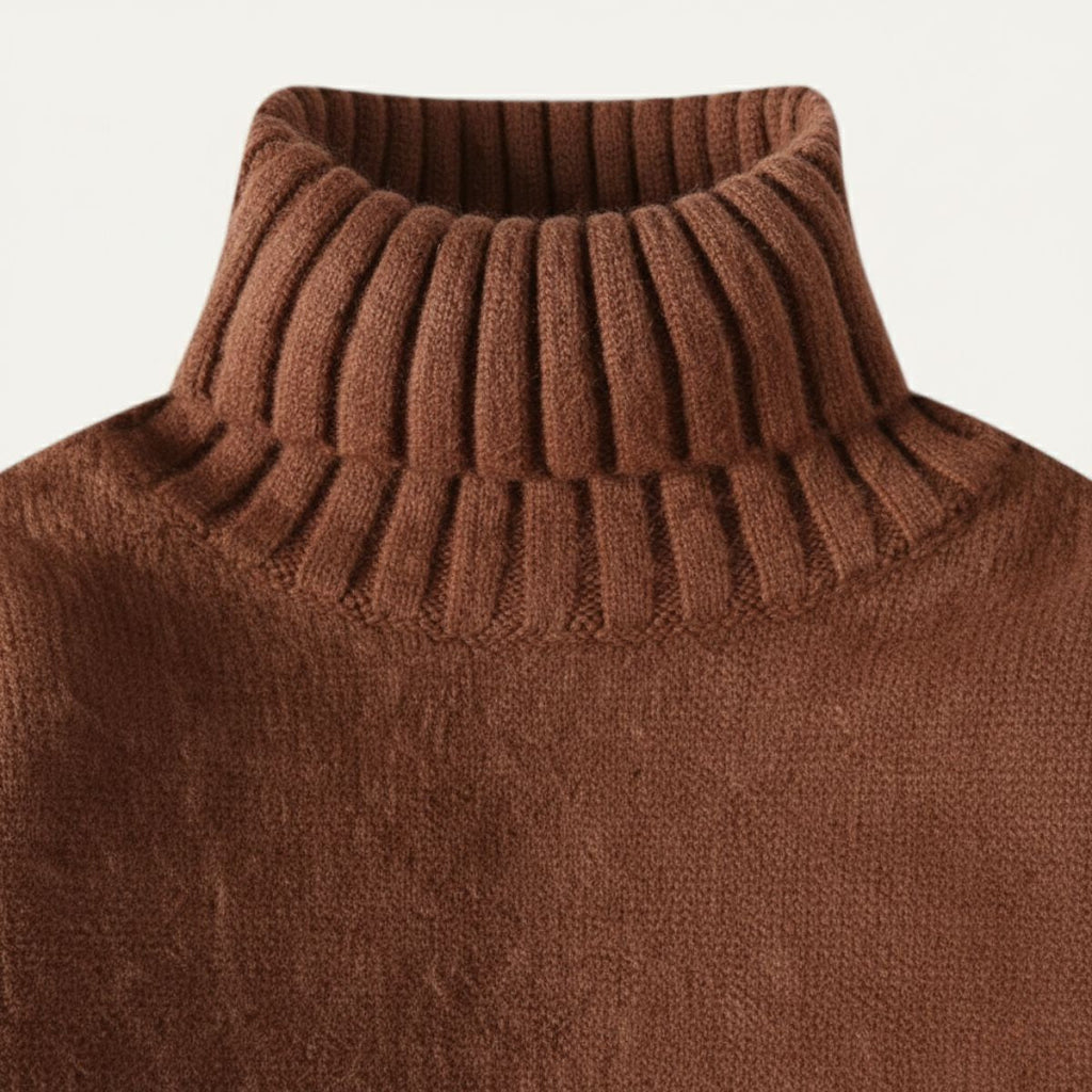 Men's soft knit turtleneck sweater in brown, ribbed turtleneck collar
