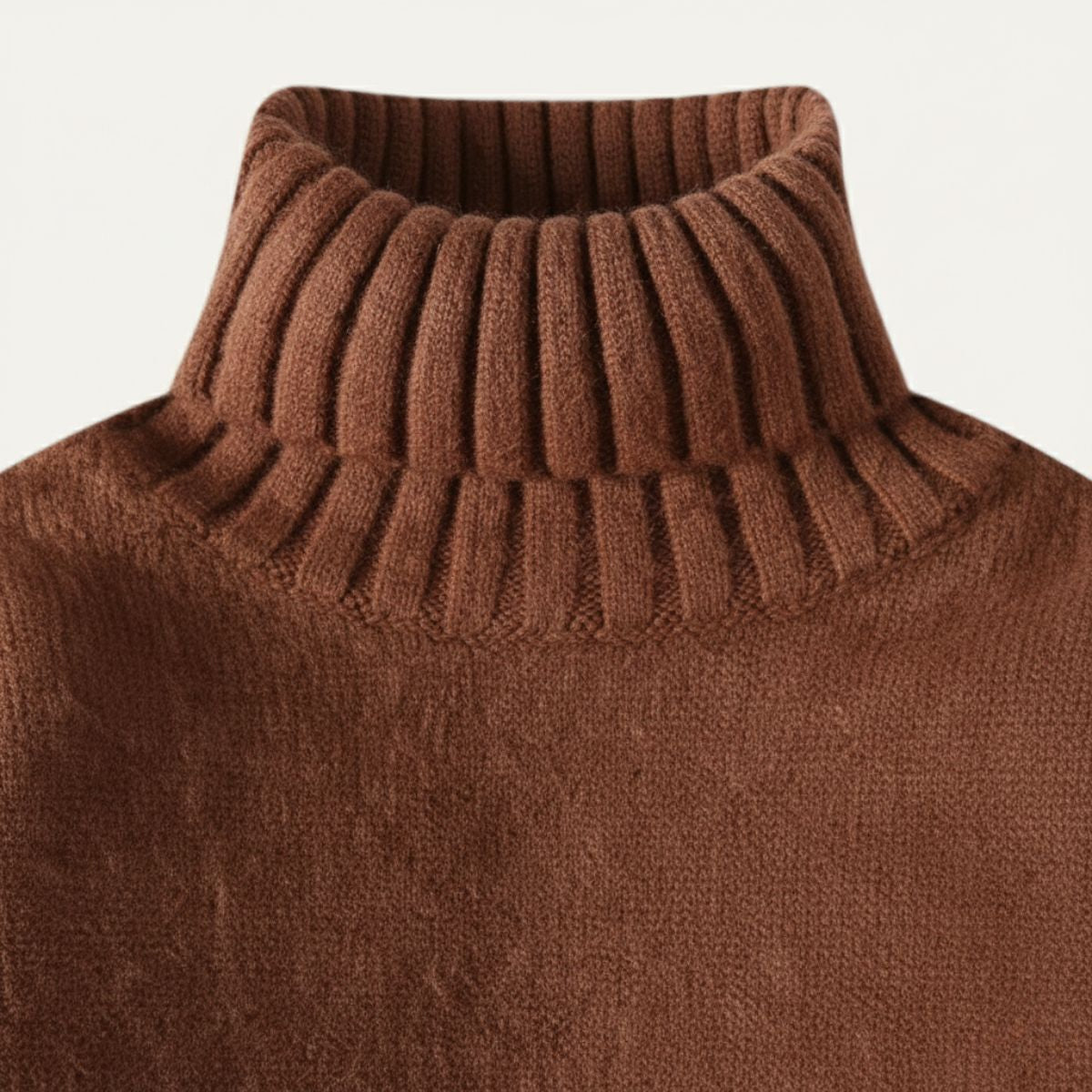 Men's soft knit turtleneck sweater in brown, ribbed turtleneck collar