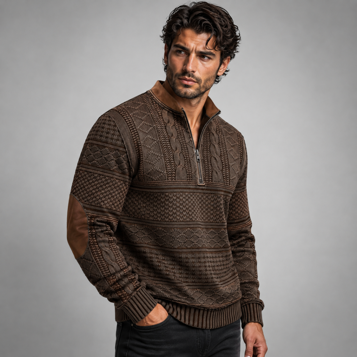 Men's dark brown patterned half-zip sweater with elbow patches, cable knit yoke and stripes