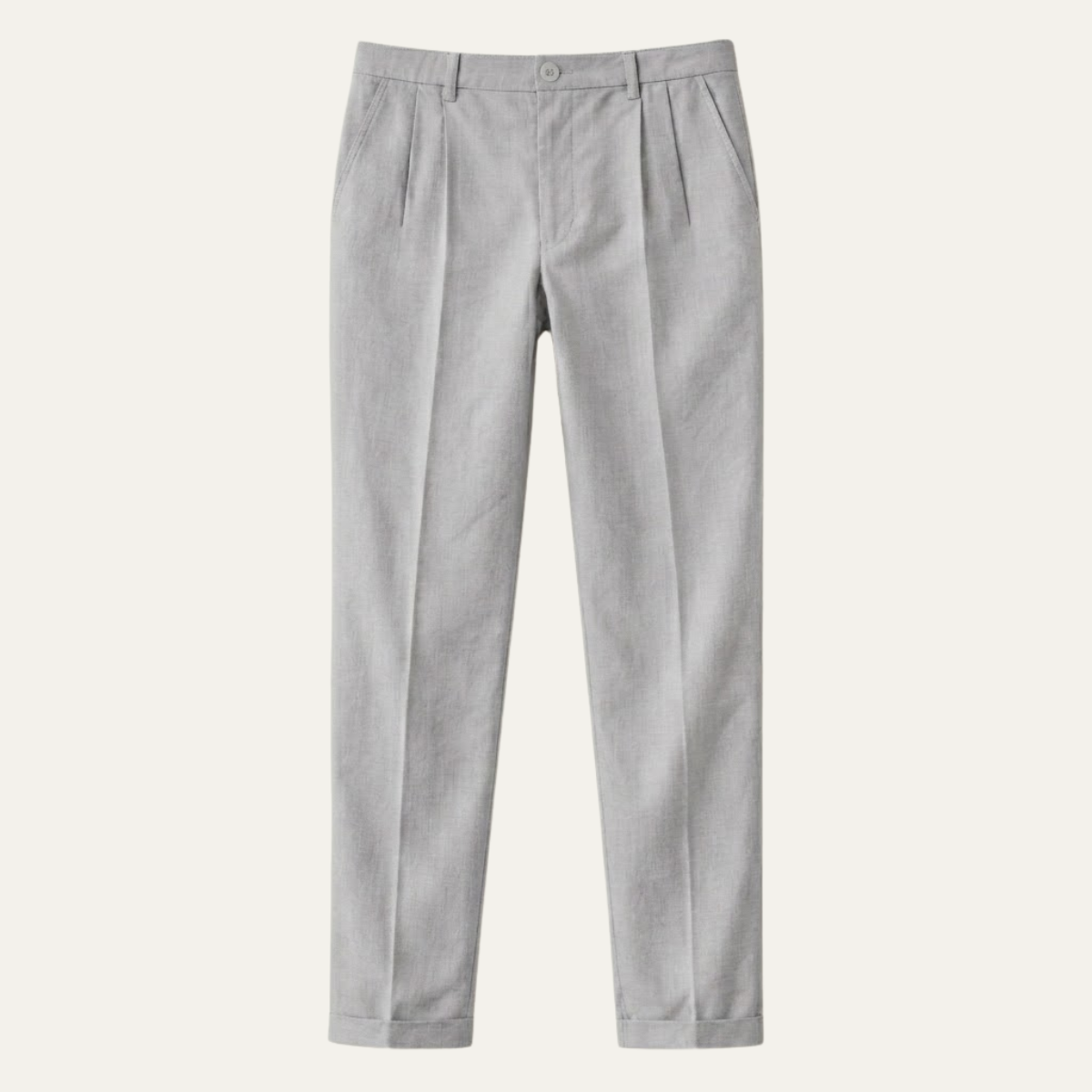Men's light gray slim-fit lightweight linen dress pants, pleated front, button waistband