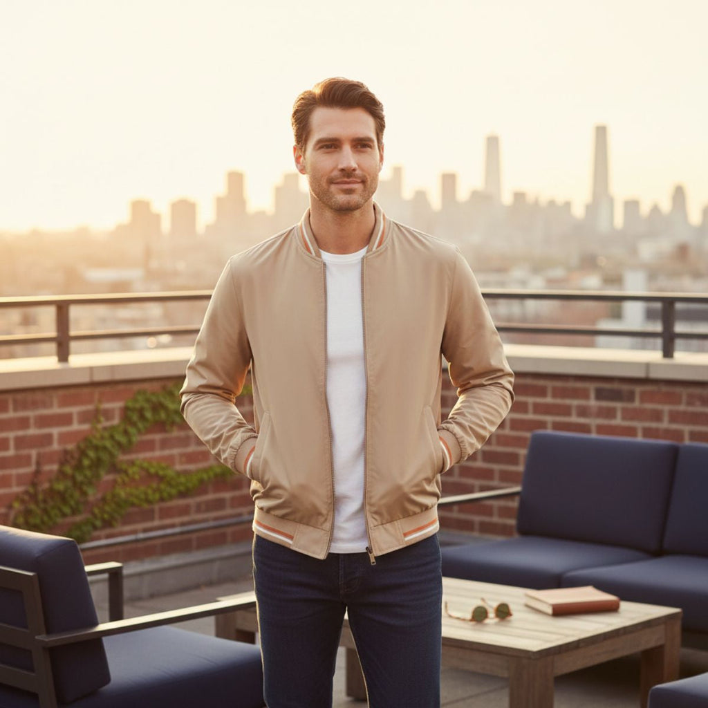 Men's lightweight bomber jacket in sage green with front zip and ribbed cuffs
