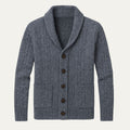 Men's gray knit cardigan with shawl collar, button front, and two patch pockets