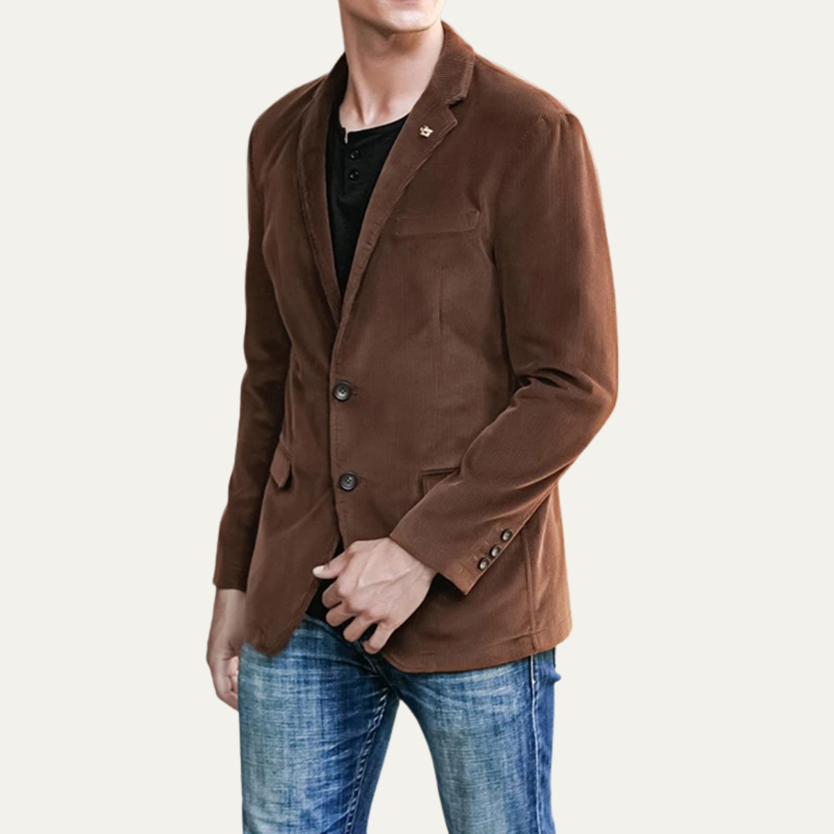 Men’s brown corduroy blazer on model, notch lapels, single-breast two-button closure