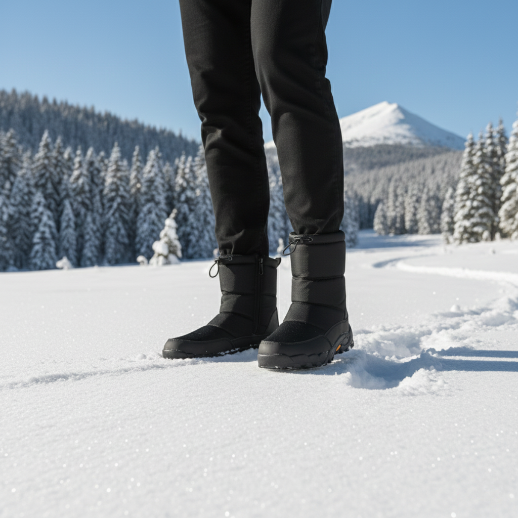 Men's insulated snow boots in black with lace-up tops and chunky rubber outsole
