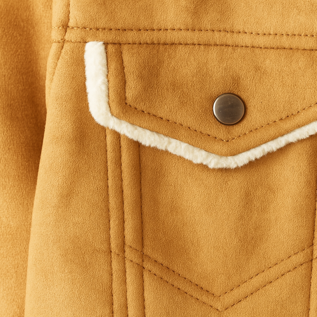 Khaki suede jacket detail: front pocket flap with button and white sherpa trim