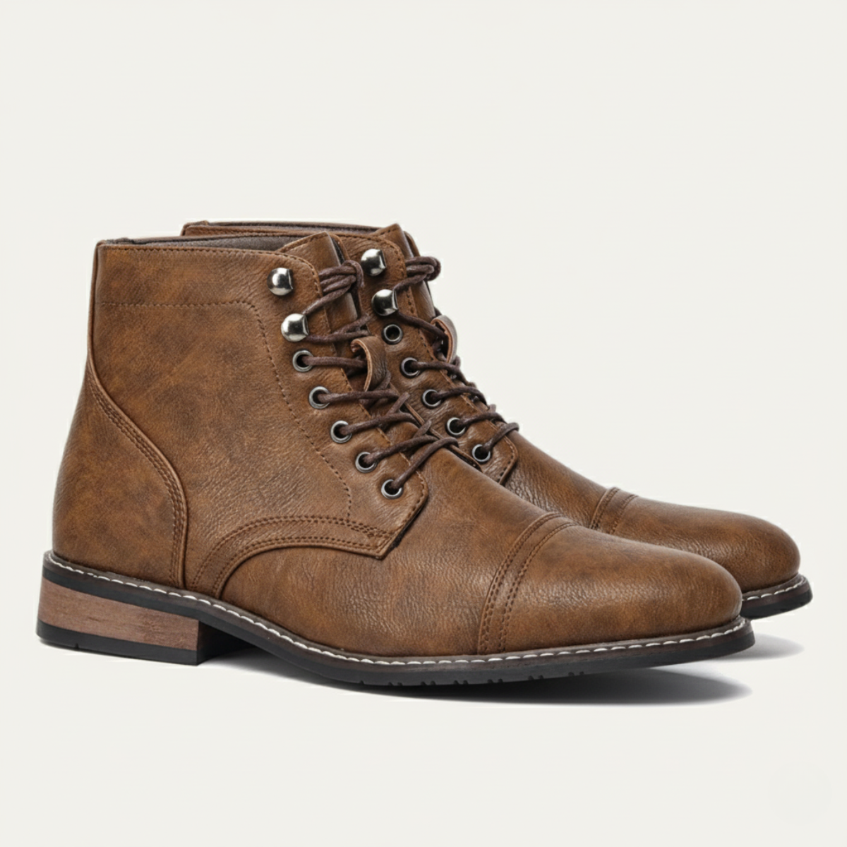 Men's lace-up ankle boots in brown faux leather with metal eyelets and low block heel