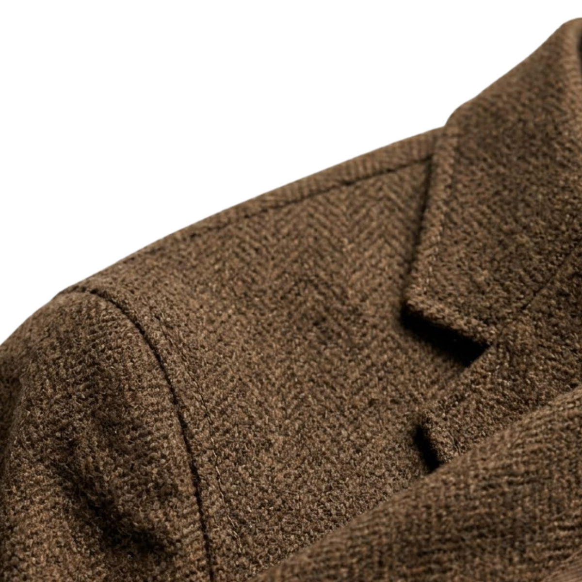 Brown tweed blazer jacket shoulder seam and notched lapel detail