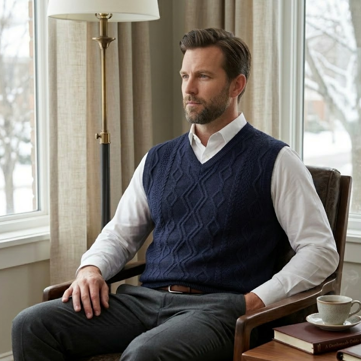 Men's navy v-neck cable knit sweater vest, sleeveless with ribbed hem.