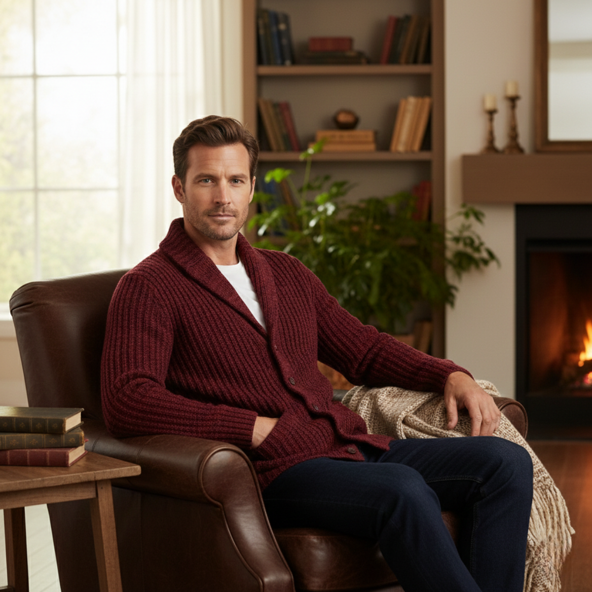 Men's chunky knit shawl-collar cardigan, burgundy red, button front, long sleeves