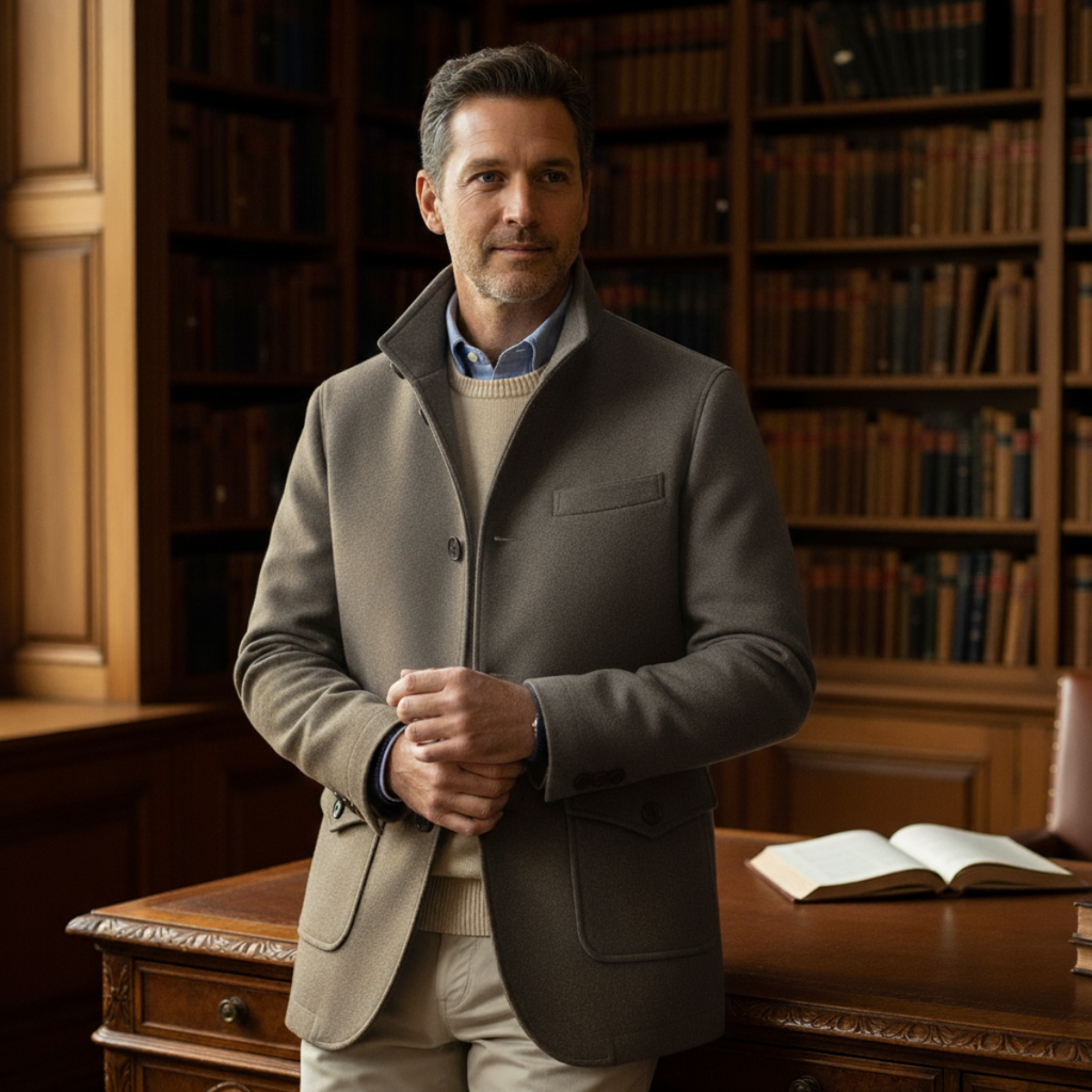 Men's gray wool overcoat with stand collar, button front, and flap side pockets