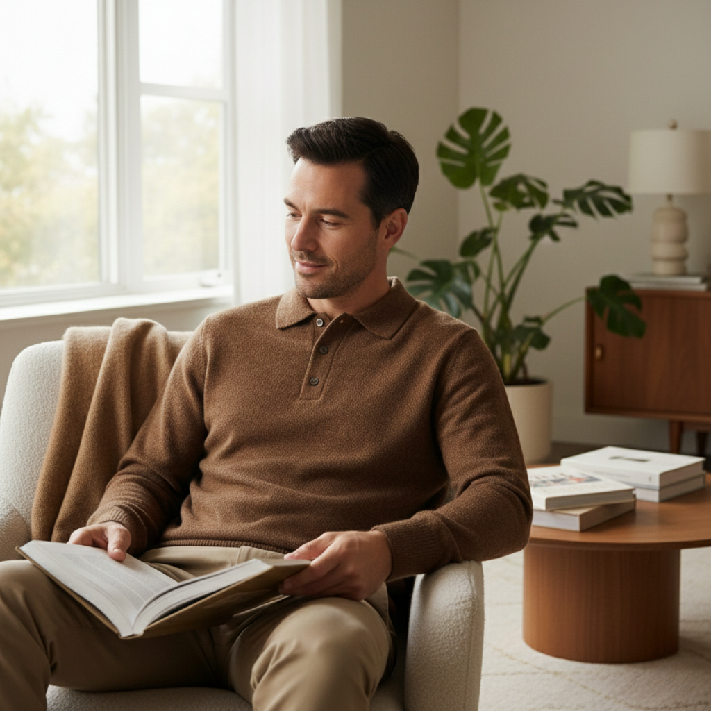 Men's soft knit polo sweater in brown with button placket and ribbed cuffs