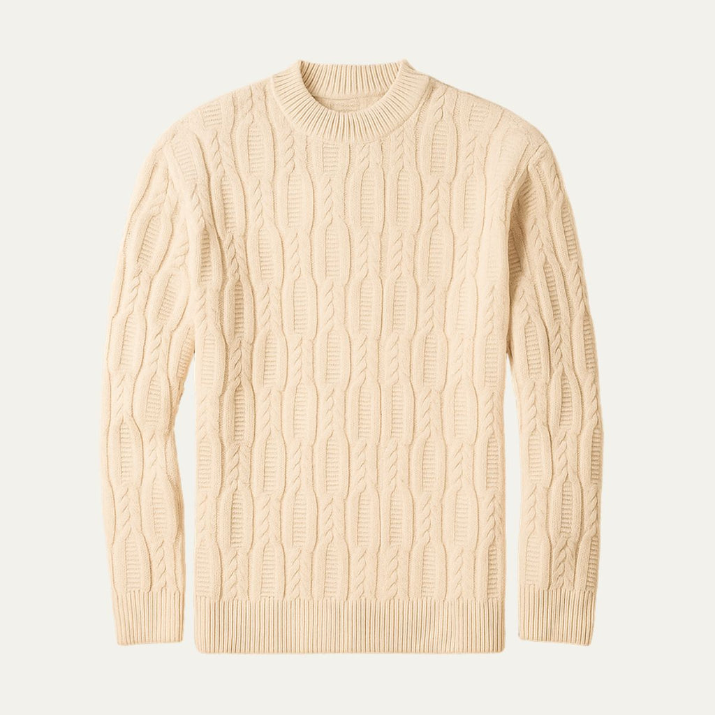Men's premium cable knit sweater, beige, crew neck, long sleeves, ribbed hem and cuffs