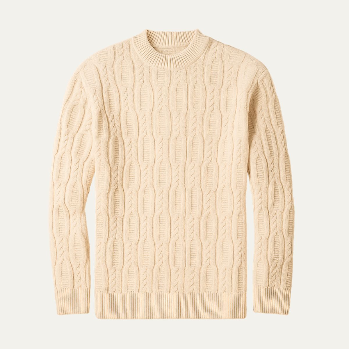 Men's premium cable knit sweater, beige, crew neck, long sleeves, ribbed hem and cuffs