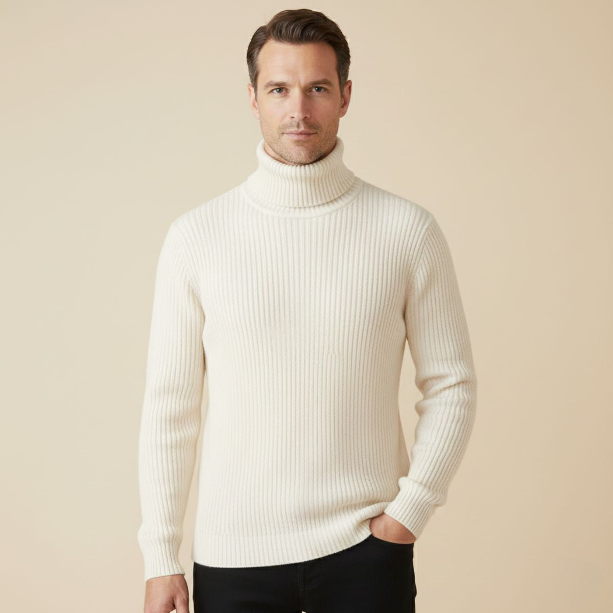 Men's white ribbed turtleneck knit sweater on model, long sleeves