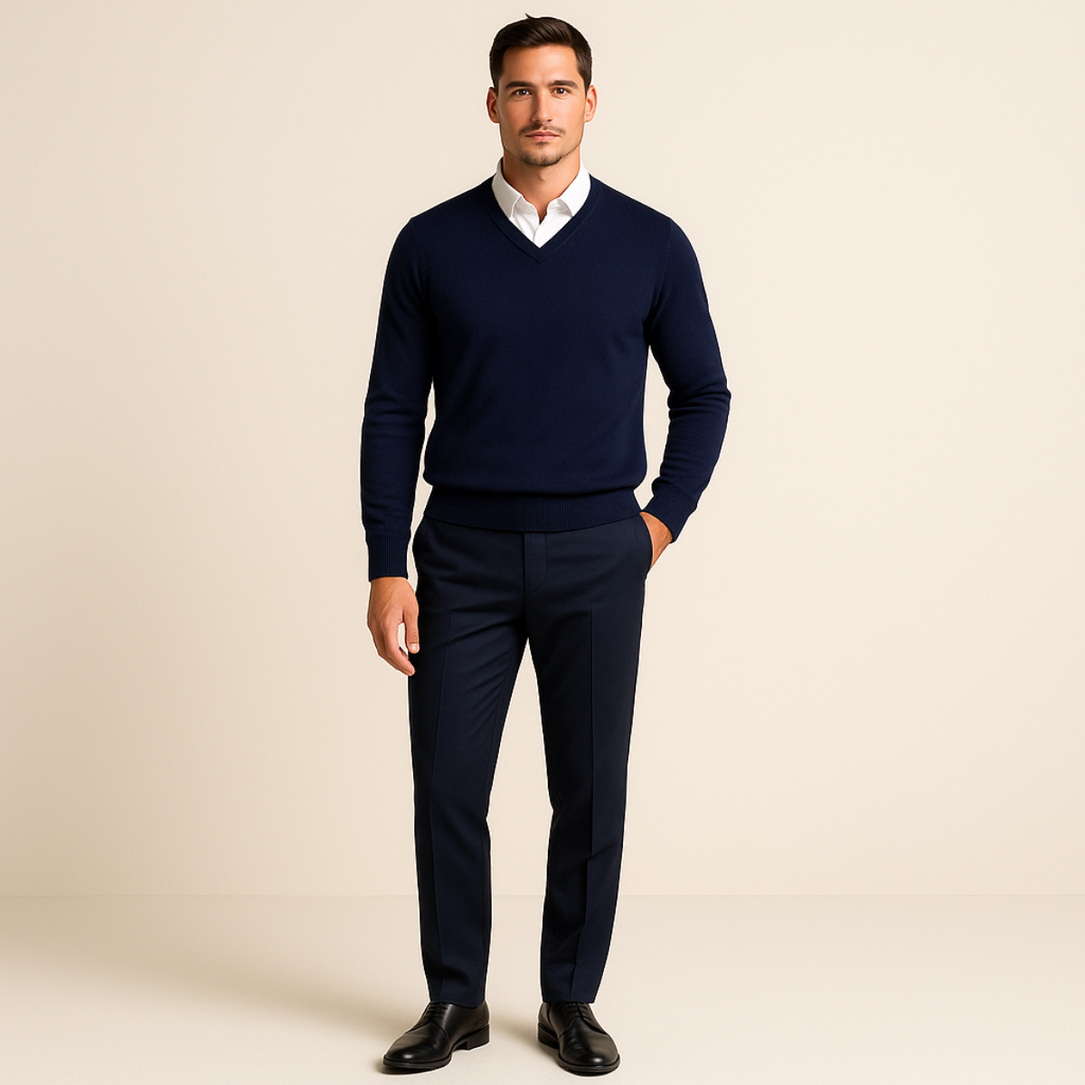 Men's cashmere V-neck sweater, navy blue with long sleeves and ribbed trim.