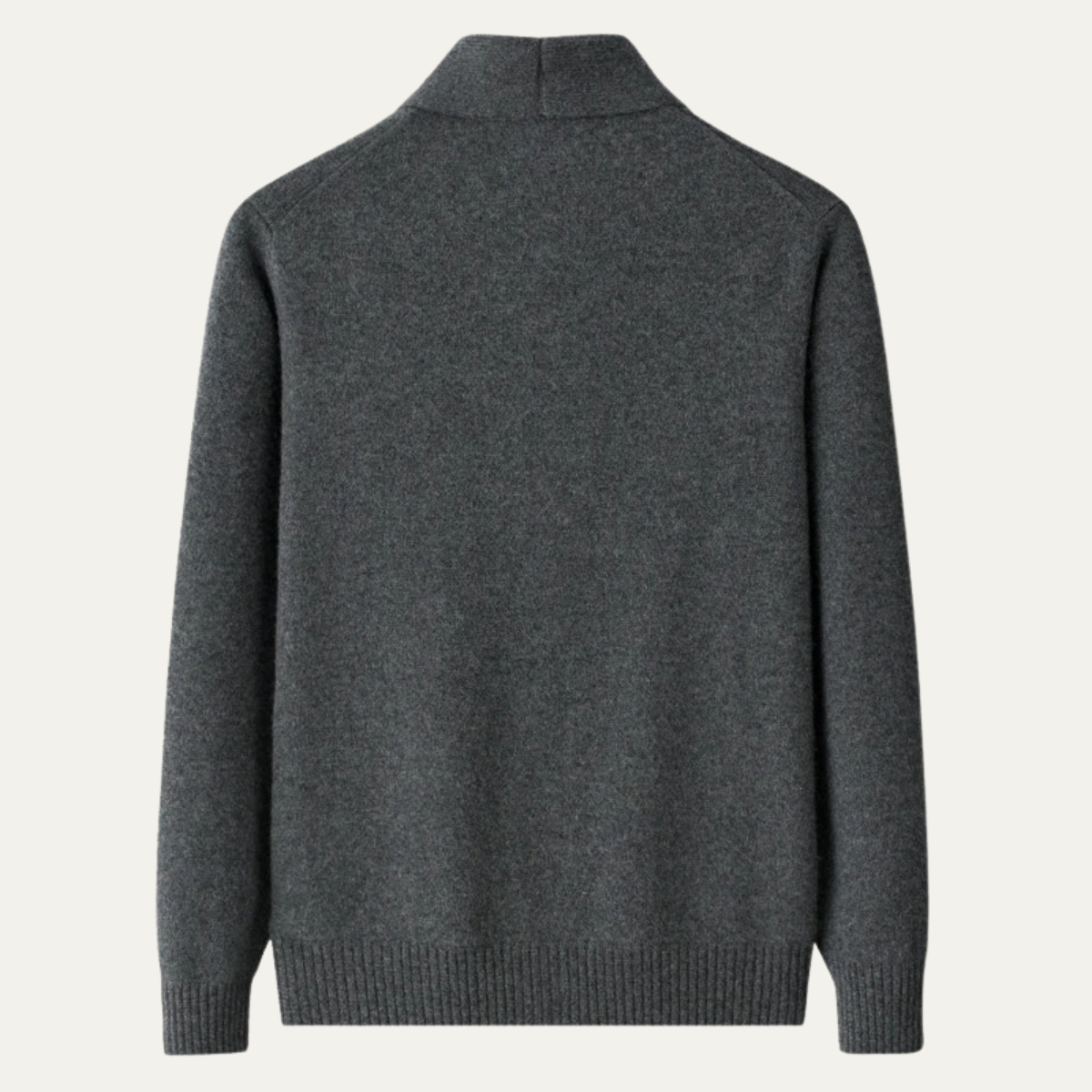 Men’s heather dark gray shawl-collar knit cardigan, full back view