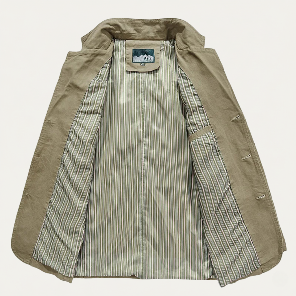 Khaki lightweight jacket interior lining with vertical stripe pattern and brand tag