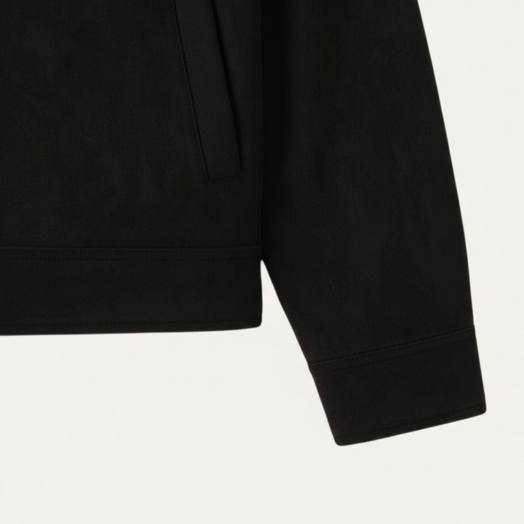 Black suede jacket sleeve cuff and hem detail