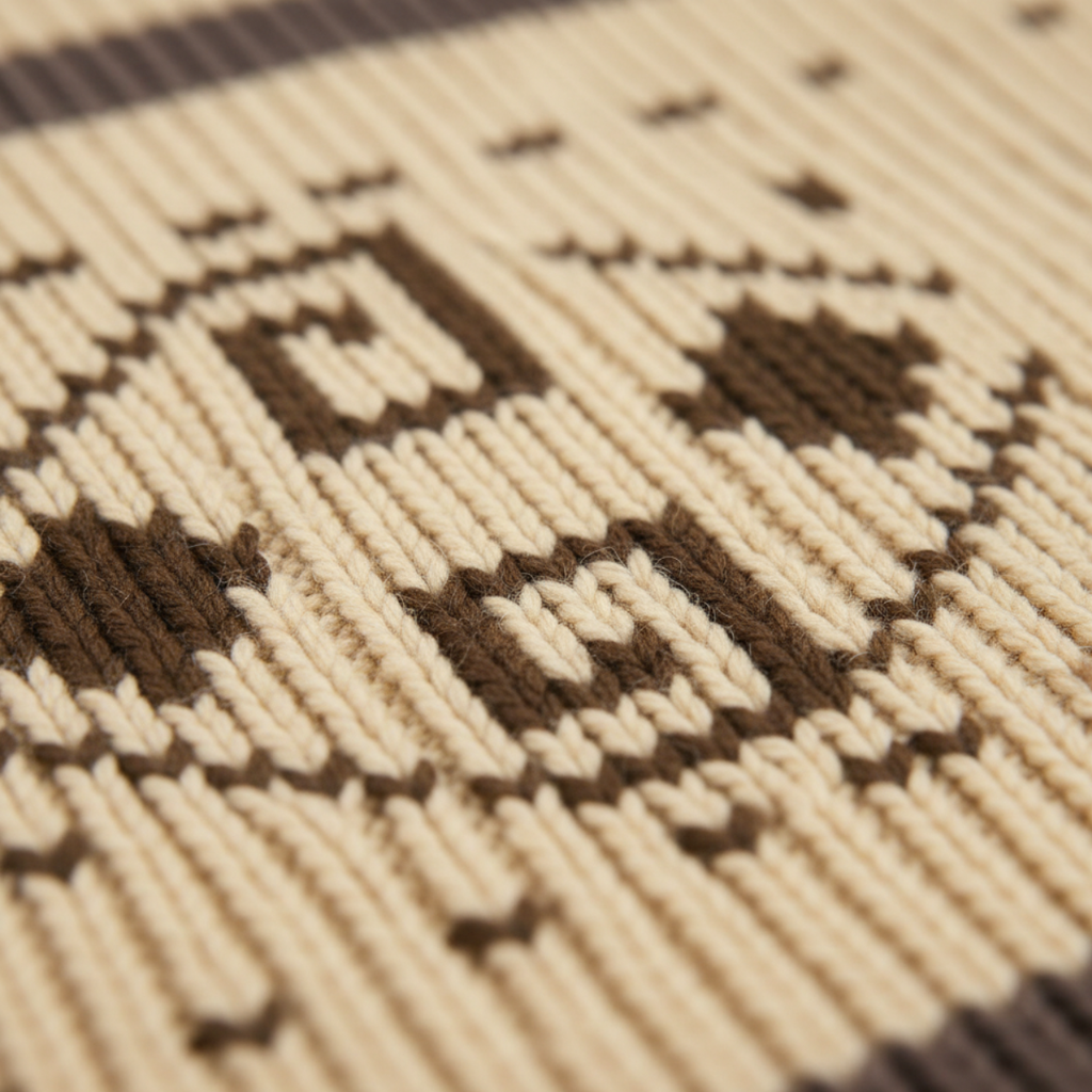 Knit cardigan fabric detail with Aztec pattern in cream and dark threads