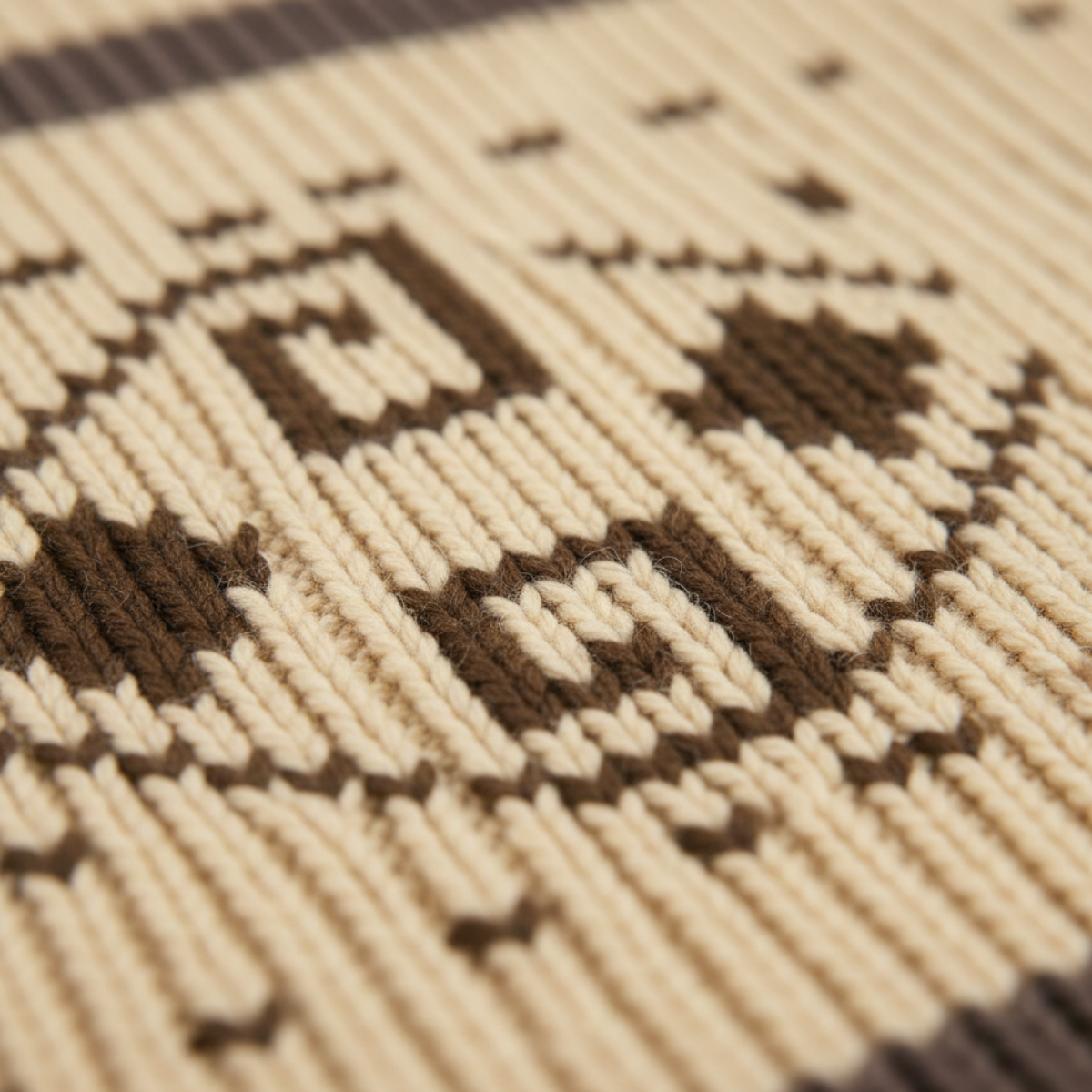 Knit cardigan fabric detail with Aztec pattern in cream and dark threads