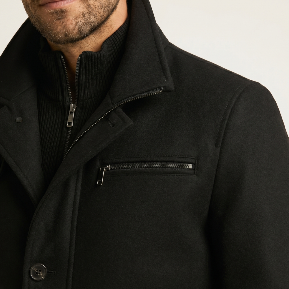Black overcoat close-up: zip chest pocket and lapels with button placket details