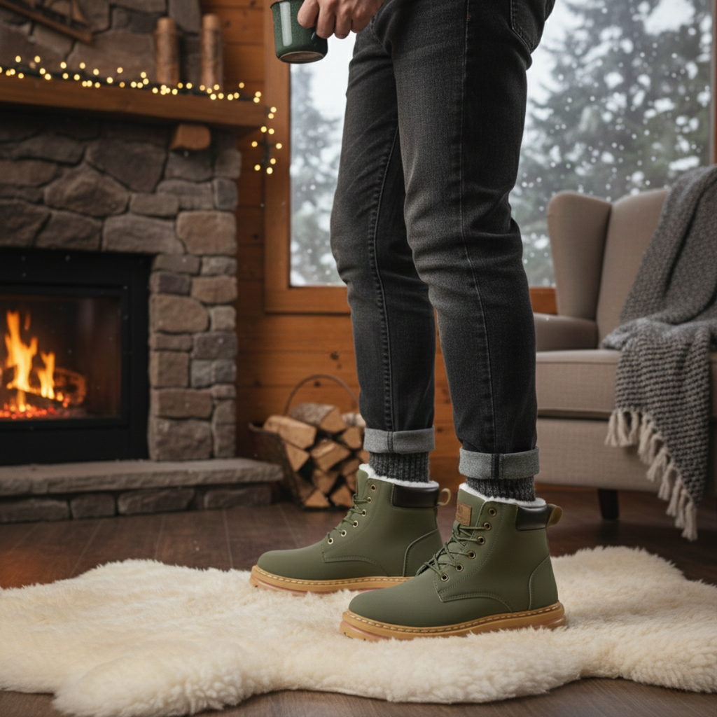 Olive green lace-up snow boots with fur-lined collar and rubber outsole