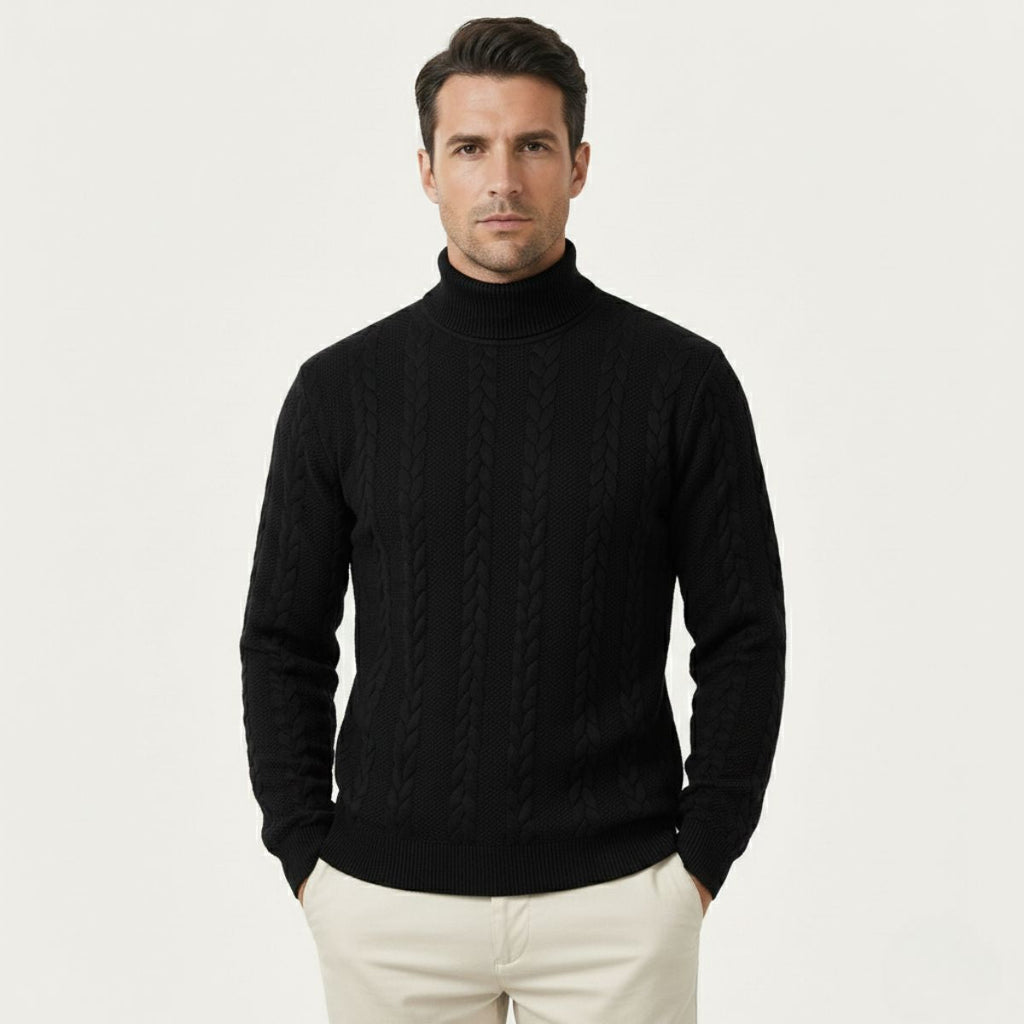 Men's black cable knit turtleneck sweater on model, long sleeves
