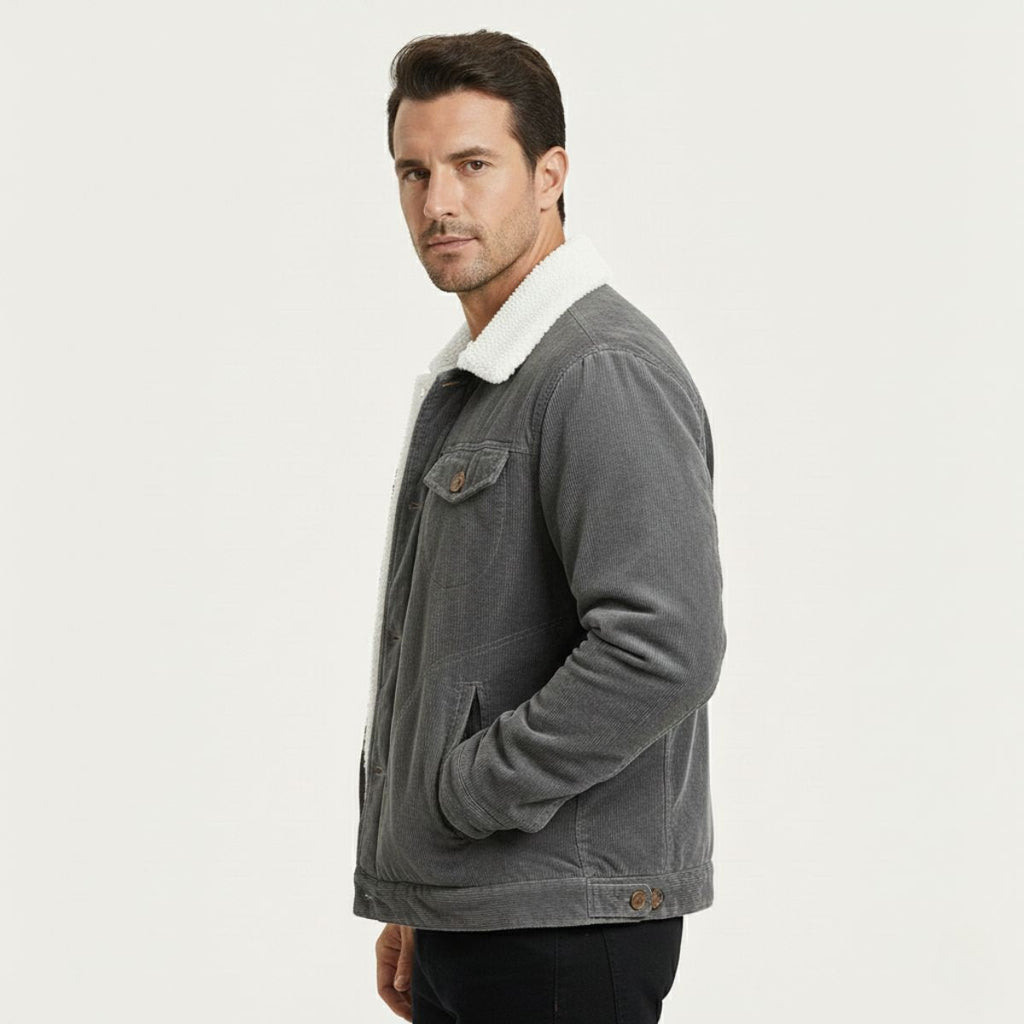 Men's dark gray corduroy winter jacket with sherpa-lined collar and button front
