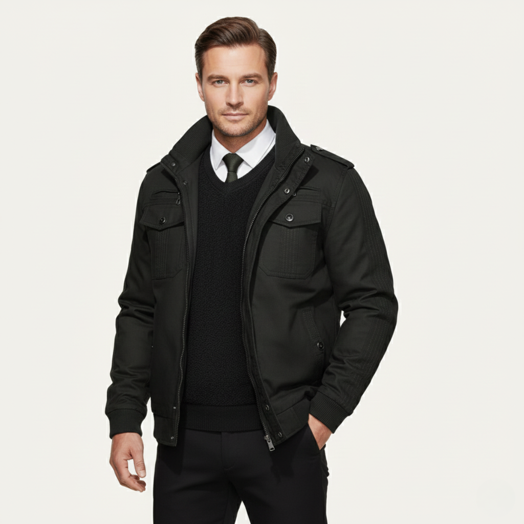 Black men’s thermal zip-up fleece-lined jacket with stand collar and front pockets