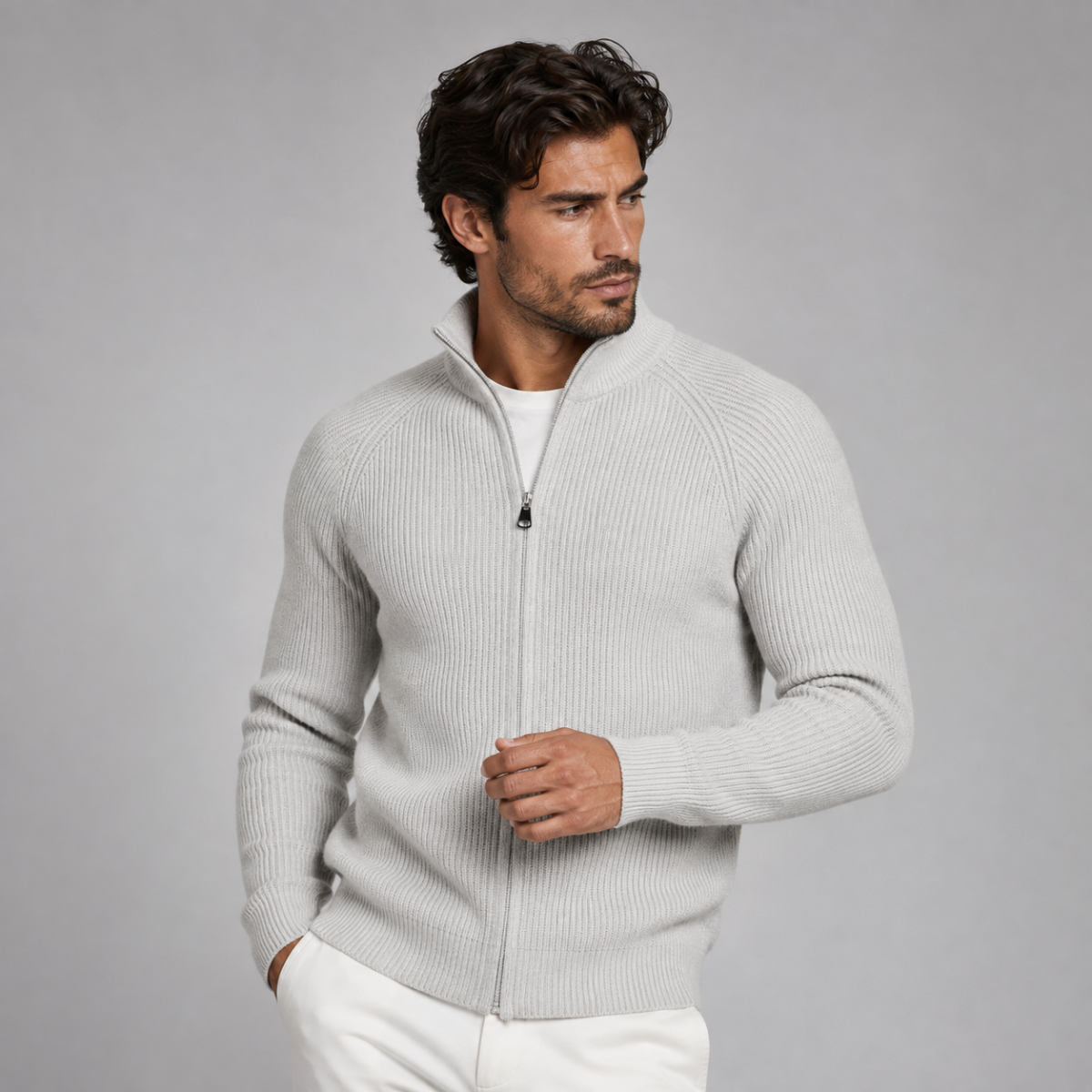 Men's light gray merino wool zip-up cardigan with stand collar and ribbed cuffs.