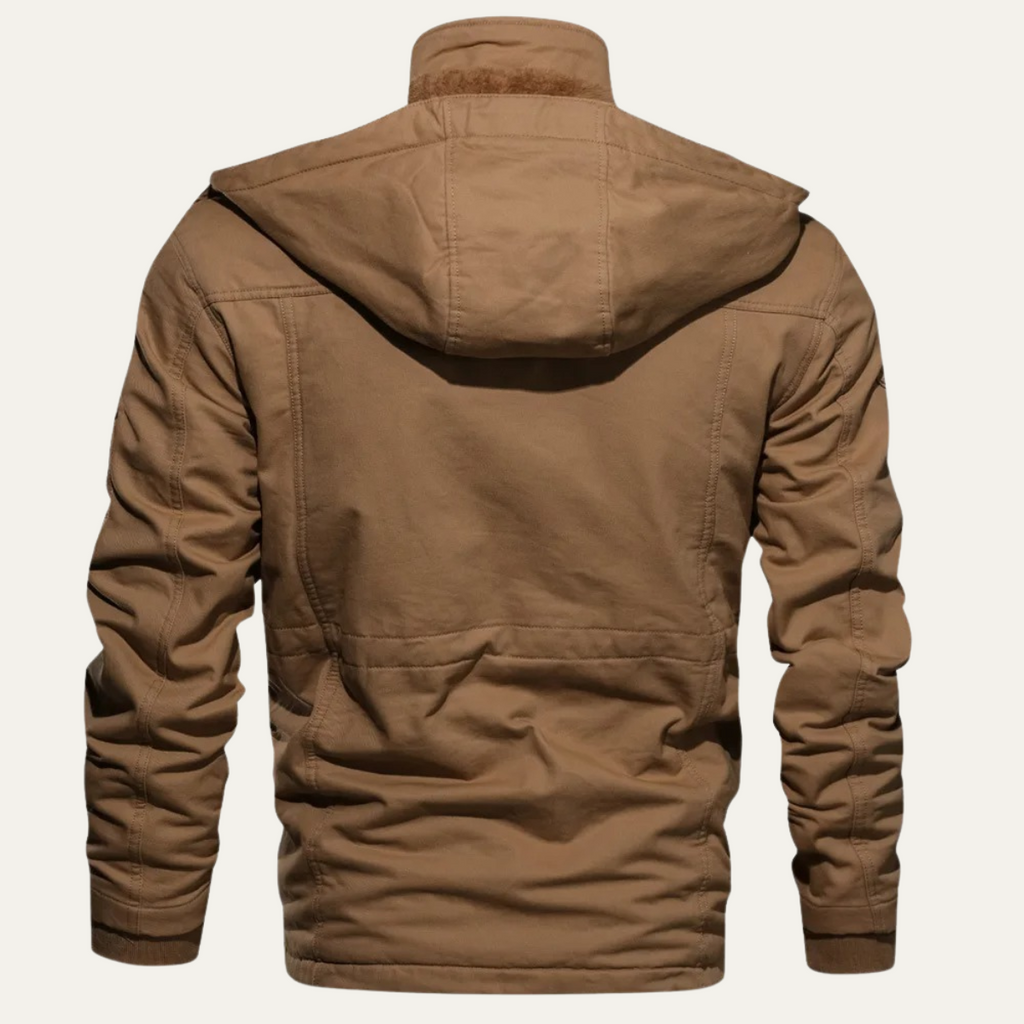 Men's khaki hooded jacket, back view with plush-lined hood and zip front