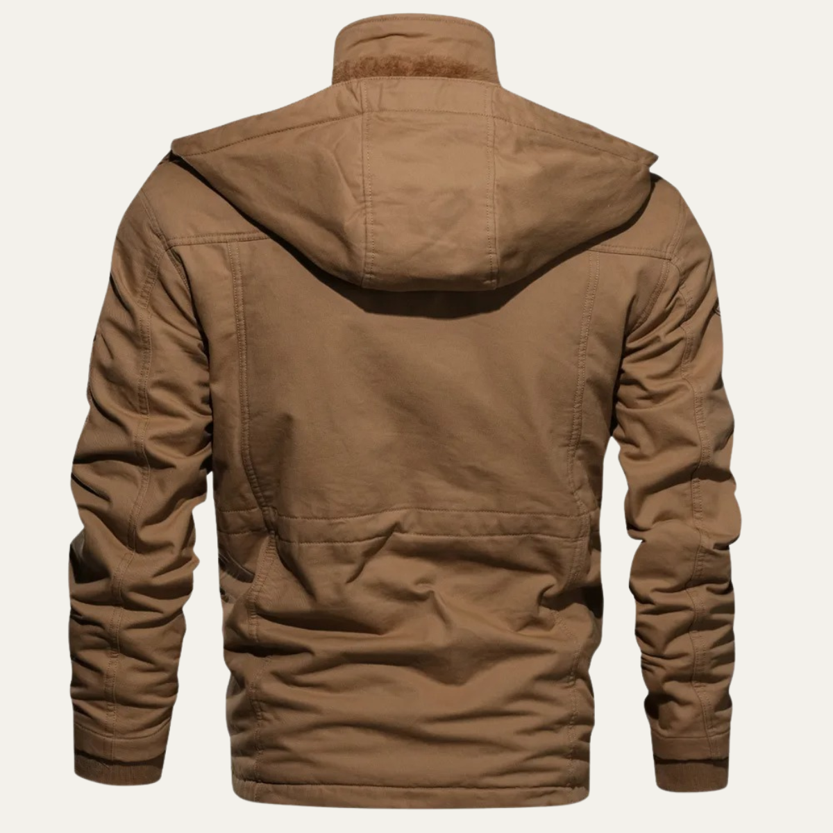 Men's khaki hooded jacket, back view with plush-lined hood and zip front