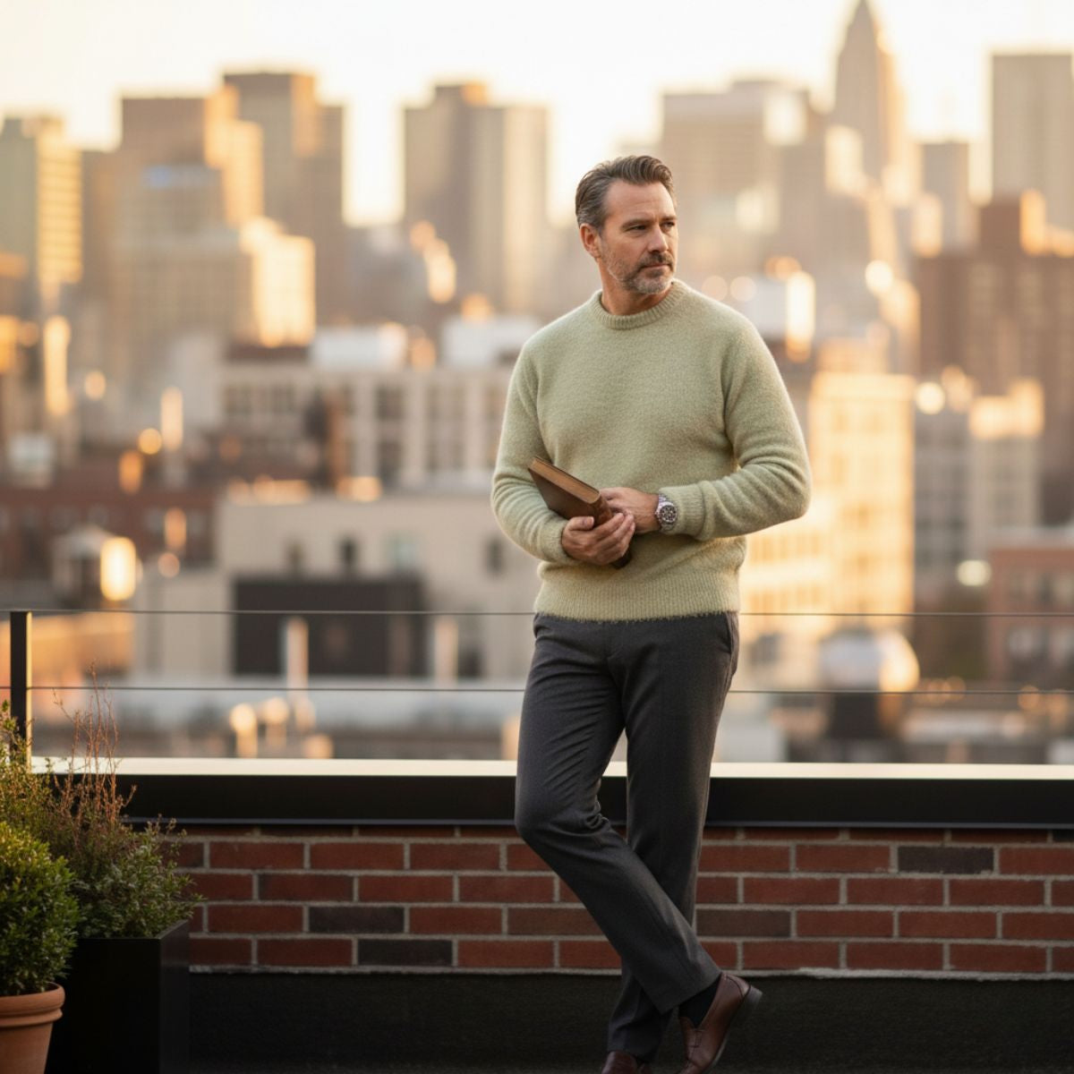 Olive green crewneck cashmere sweater with ribbed cuffs and hem