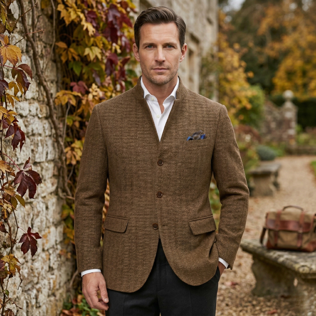 Men's brown tweed blazer jacket with button front and flap pockets, blue pocket square